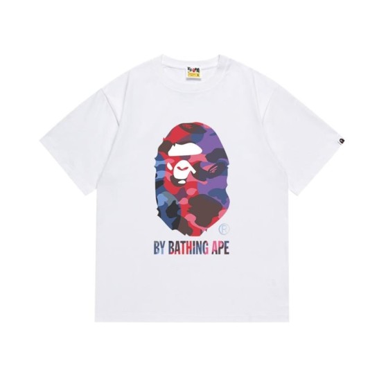 White BAPE T-Shirt with Multicolor Camo Ape Head and "BY BATHING APE" Logo